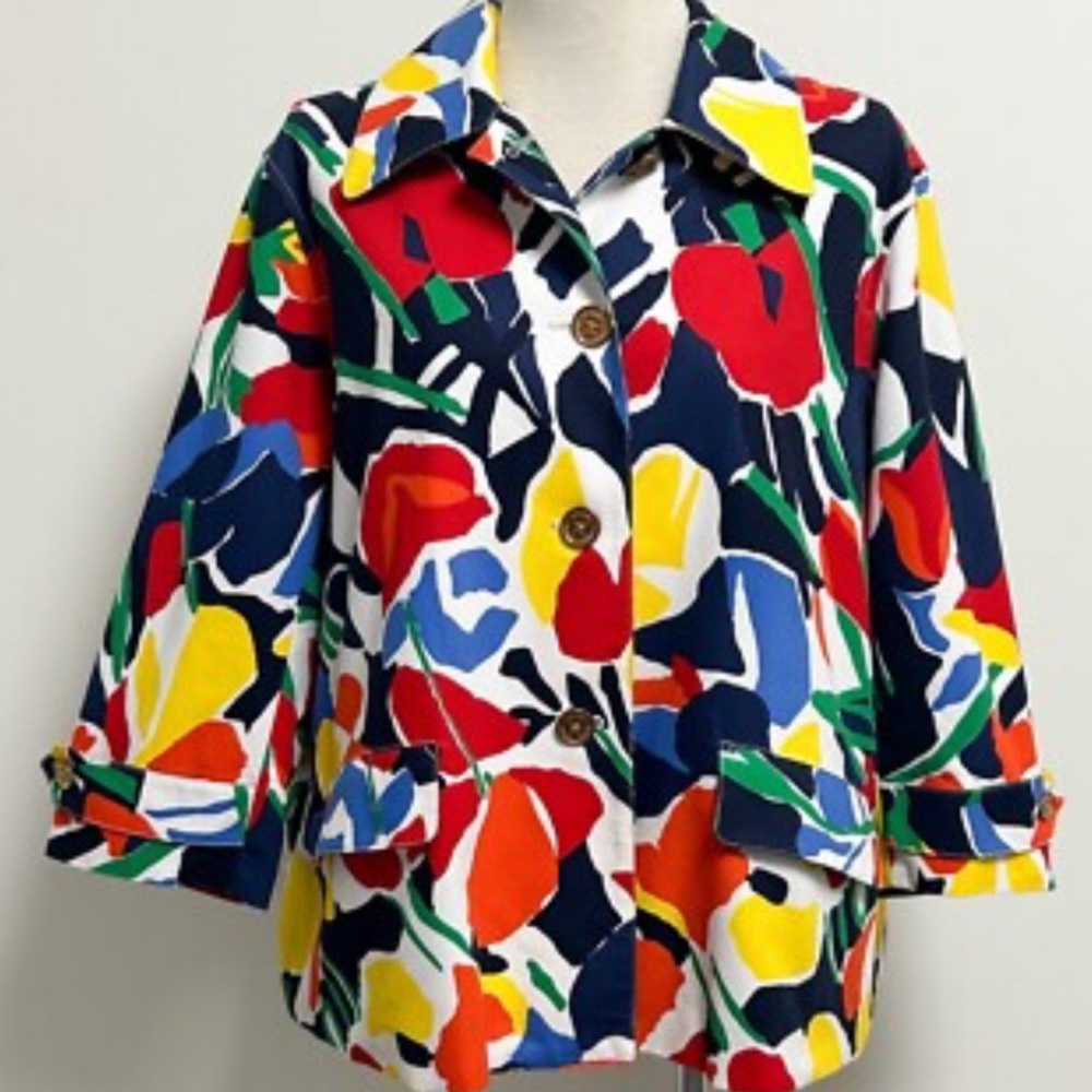 Lauren Ralph Lauren Multicolor Vibrant Abstract Floral Button Blazer L *FLAWS*